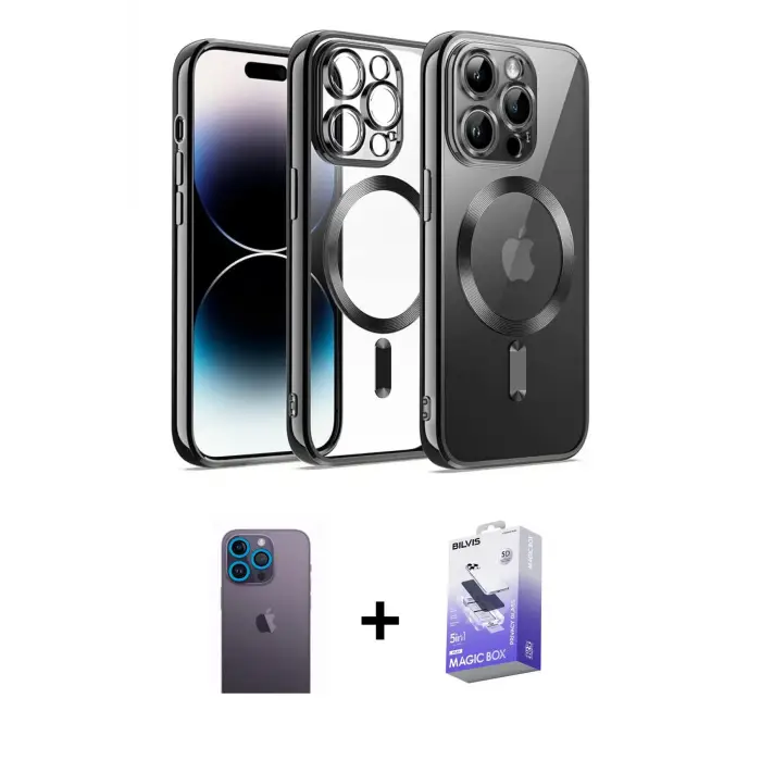 ieg™ iPhone 13 Pro Max Kılıf Nova Işık Özel Seri - Siyah Bilvis 5in1 5D Magic Hayalet Cam Ekran Koruyucu + Neon Fosforlu Kamera Lens - MI