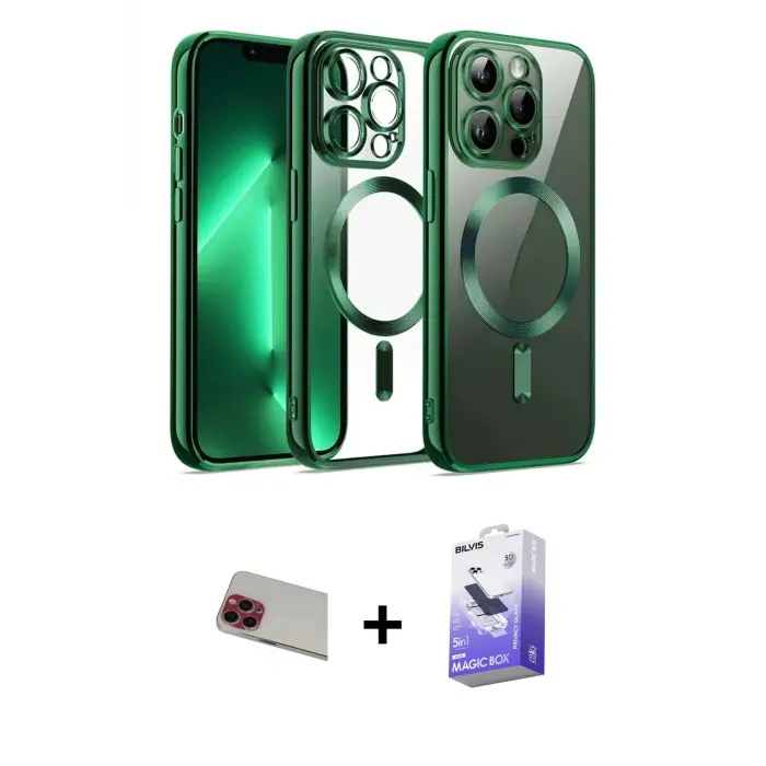 ieg™ iPhone 13 Pro Max Kılıf Nova Işık Özel Seri - Siyah Bilvis 5in1 5D Magic Hayalet Cam Ekran Koruyucu + Rainbow Kamera Lens Koruma Cam - KI