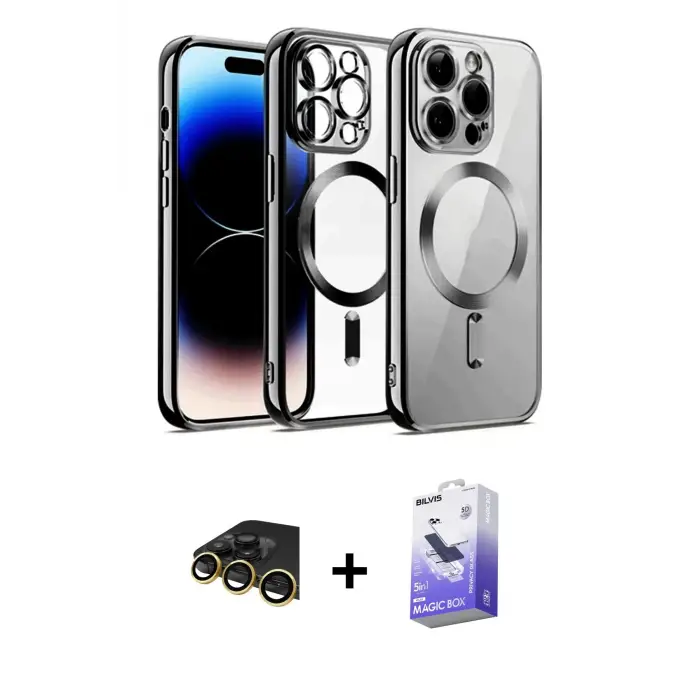ieg™ iPhone 13 Pro Max Kılıf Nova Işık Özel Seri - Siyah Bilvis 5in1 5D Magic Hayalet Cam Ekran Koruyucu + Raze Metal Kamera Lens - GD