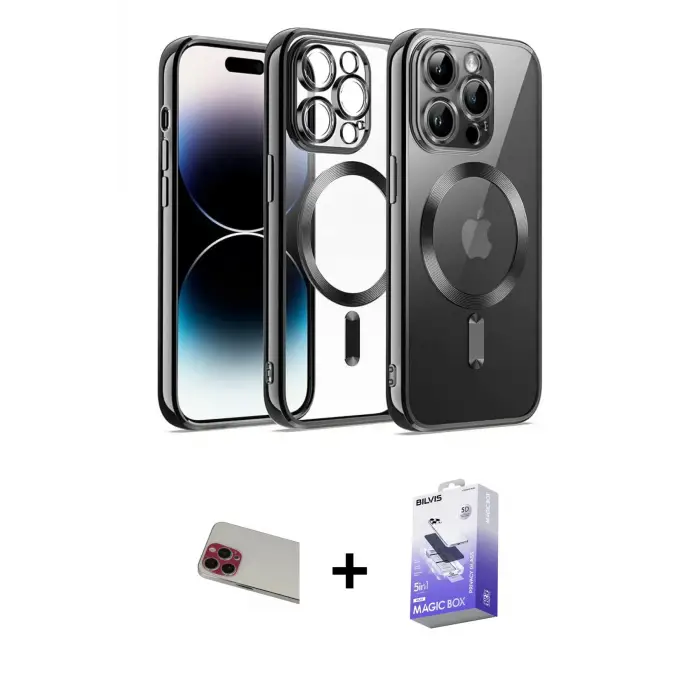 ieg™ iPhone 13 Pro Max Kılıf Nova Işık Özel Seri - Siyah Bilvis 5in1 5D Magic Hayalet Cam Ekran Koruyucu + Rainbow Kamera Lens Koruma Cam - KI