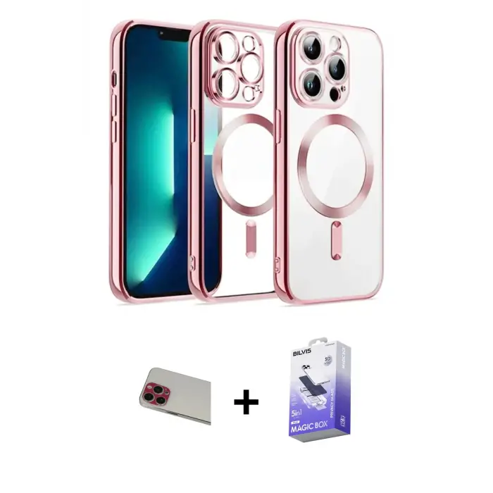 ieg™ iPhone 13 Pro Max Kılıf Nova Işık Özel Seri - Siyah Bilvis 5in1 5D Magic Hayalet Cam Ekran Koruyucu + Rainbow Kamera Lens Koruma Cam - KI
