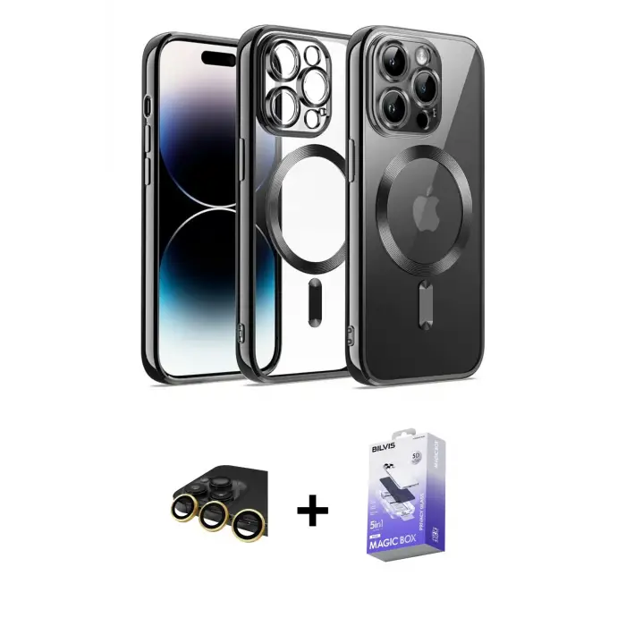 ieg™ iPhone 13 Pro Max Kılıf Nova Işık Özel Seri - Siyah Bilvis 5in1 5D Magic Hayalet Cam Ekran Koruyucu + Raze Metal Kamera Lens - GD