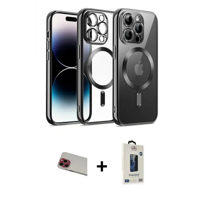 ieg™ iPhone 13 Pro Max Kılıf Nova Işık Özel Seri - Siyah Bilvis Hayalet Cam Ekran Koruyucu + Rainbow Kamera Lens Koruma Cam - KI