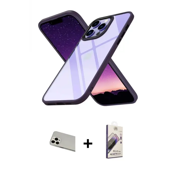ieg™ iPhone 13 Pro Max Kılıf Nova Işık Serisi - Siyah Bilvis 3D Mat Cam Ekran Koruyucu + Rainbow Kamera Lens Koruma Cam - BZ