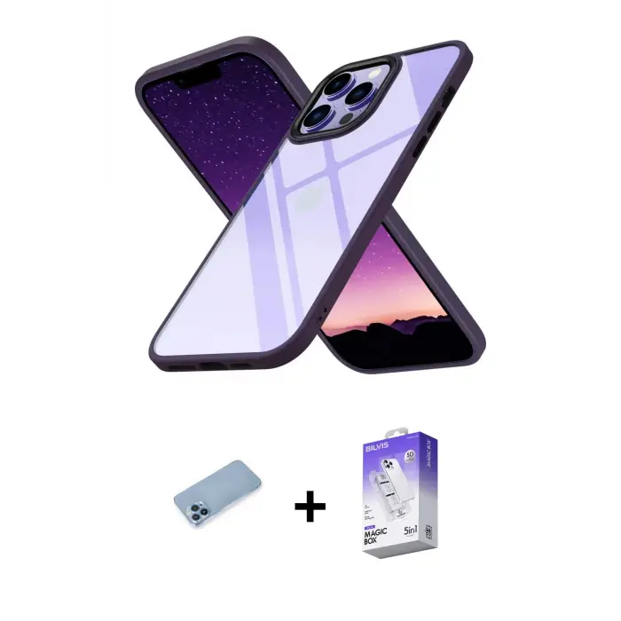 ieg™ iPhone 13 Pro Max Kılıf Nova Işık Serisi - Siyah Bilvis 5in1 3D Magic Cam Ekran Koruyucu + Shine Kamera Lens Koruma Cam - MI