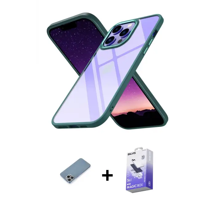 ieg™ iPhone 13 Pro Max Kılıf Nova Işık Serisi - Siyah Bilvis 5in1 5D Magic Hayalet Cam Ekran Koruyucu + Shine Kamera Lens Koruma Cam - GI