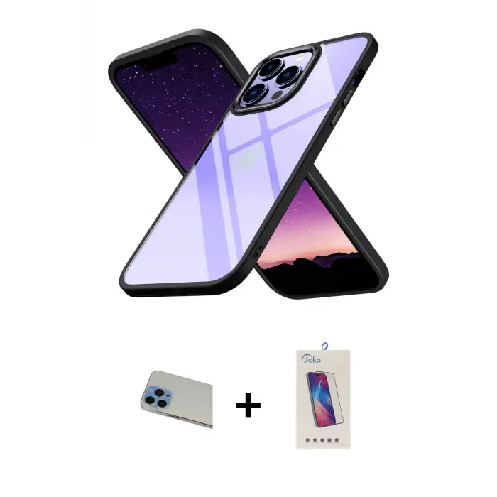 ieg™ iPhone 13 Pro Max Kılıf Nova Işık Serisi - Siyah Joko 5D Cam + Rainbow Kamera Lens Koruma Cam - MI