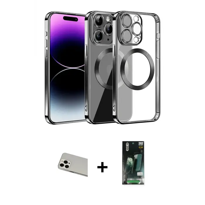 ieg™ iPhone 13 Pro Max Kılıf Pusula Form - Şeffaf 360 Full Body Arka Koruyucu + Rainbow Kamera Lens Koruma Cam - BZ
