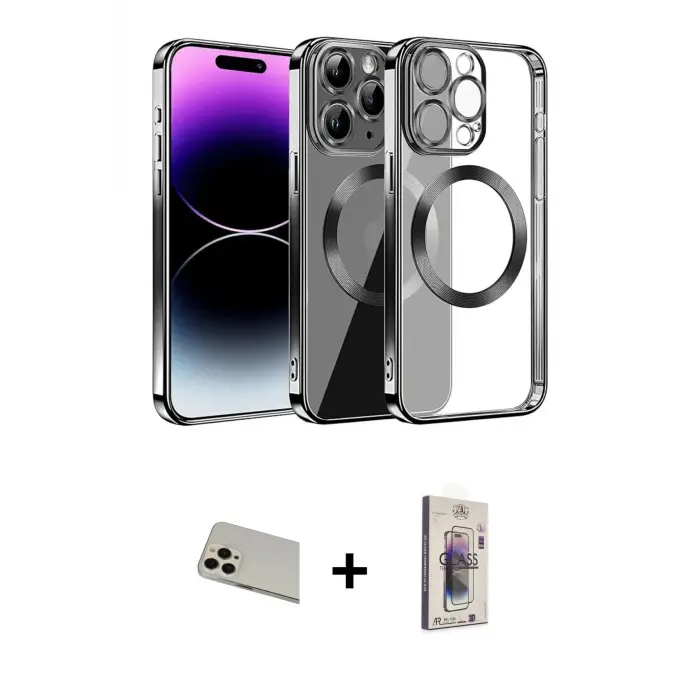 ieg™ iPhone 13 Pro Max Kılıf Pusula Form - Siyah Bilvis 3D Cam Ekran Koruyucu + Rainbow Kamera Lens Koruma Cam - REGD