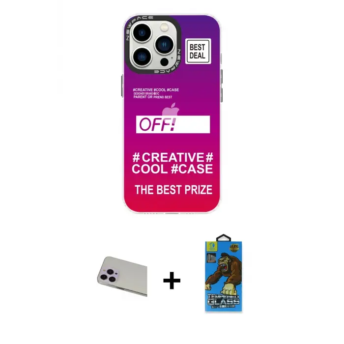 ieg™ iPhone 13 Pro Max Kılıf Siluet Çizgi Koleksiyonu - Siyah 18D Cam Ekran Koruyucu + Rainbow Kamera Lens Koruma Cam - MR