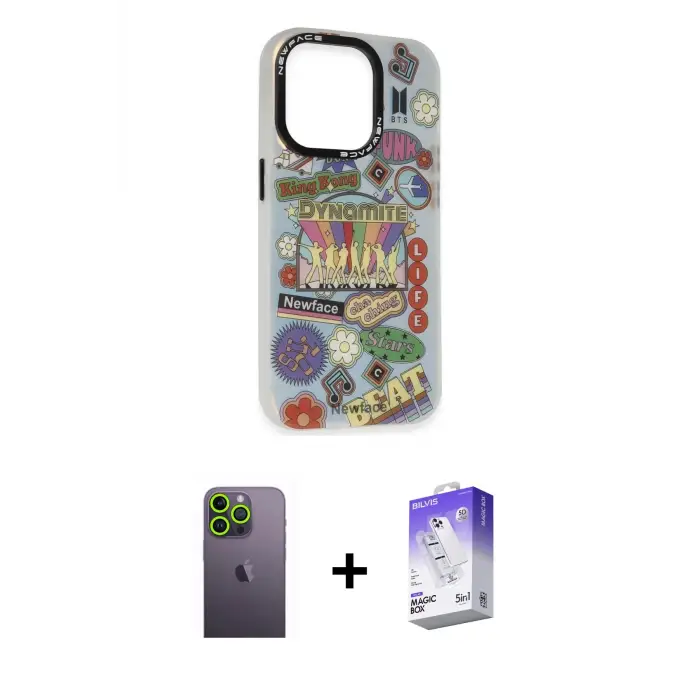 ieg™ iPhone 13 Pro Max Kılıf Siluet Çizgi Koleksiyonu - Siyah Bilvis 5in1 3D Magic Cam Ekran Koruyucu + Neon Fosforlu Kamera Lens - YL