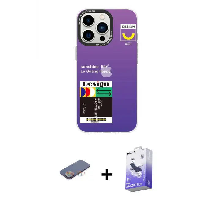 ieg™ iPhone 13 Pro Max Kılıf Siluet Çizgi Koleksiyonu - Siyah Bilvis 5in1 5D Magic Hayalet Cam Ekran Koruyucu + Renkli Kamera Lens Koruma Cam - PE