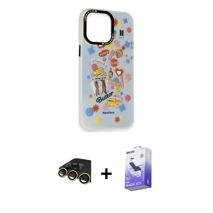 ieg™ iPhone 13 Pro Max Kılıf Siluet Çizgi Koleksiyonu - Siyah Bilvis 5in1 5D Magic Hayalet Cam Ekran Koruyucu + Raze Metal Kamera Lens - GD