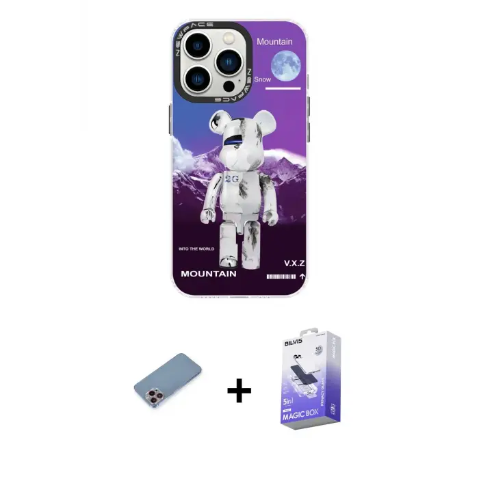 ieg™ iPhone 13 Pro Max Kılıf Siluet Çizgi Koleksiyonu - Siyah Bilvis 5in1 5D Magic Hayalet Cam Ekran Koruyucu + Shine Kamera Lens Koruma Cam - PE