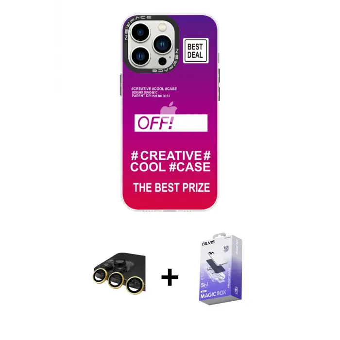 ieg™ iPhone 13 Pro Max Kılıf Siluet Çizgi Koleksiyonu - Siyah Bilvis 5in1 5D Magic Hayalet Cam Ekran Koruyucu + Raze Metal Kamera Lens - GD