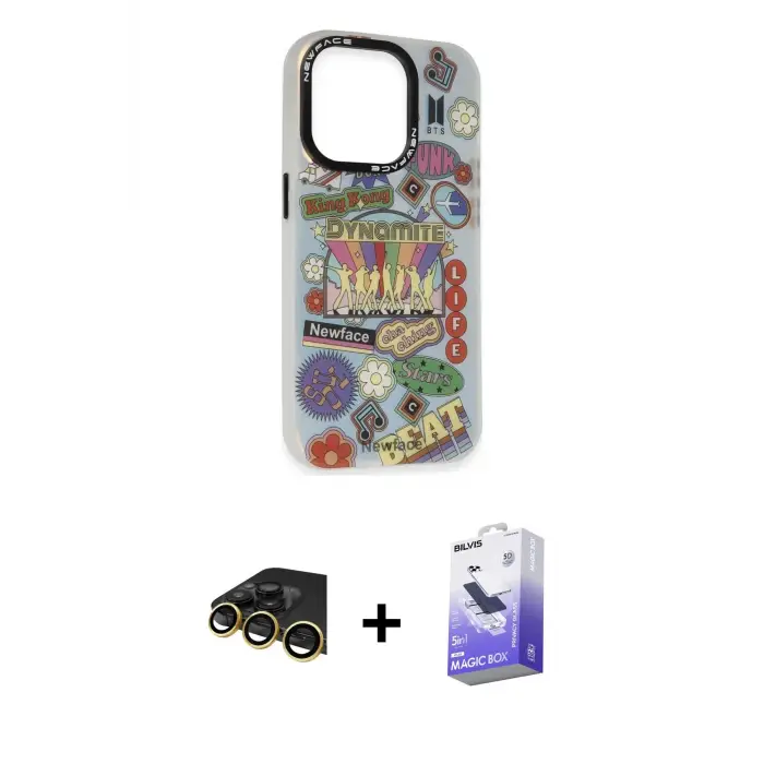 ieg™ iPhone 13 Pro Max Kılıf Siluet Çizgi Koleksiyonu - Siyah Bilvis 5in1 5D Magic Hayalet Cam Ekran Koruyucu + Raze Metal Kamera Lens - GD