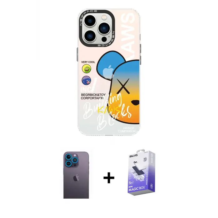 ieg™ iPhone 13 Pro Max Kılıf Siluet Çizgi Koleksiyonu - Siyah Bilvis 5in1 5D Magic Hayalet Cam Ekran Koruyucu + Neon Fosforlu Kamera Lens - MI
