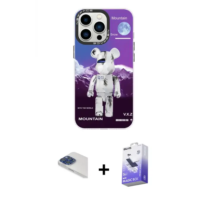 ieg™ iPhone 13 Pro Max Kılıf Siluet Çizgi Koleksiyonu - Siyah Bilvis 5in1 5D Magic Hayalet Cam Ekran Koruyucu + Pers Alüminyum Kamera Lens - LT