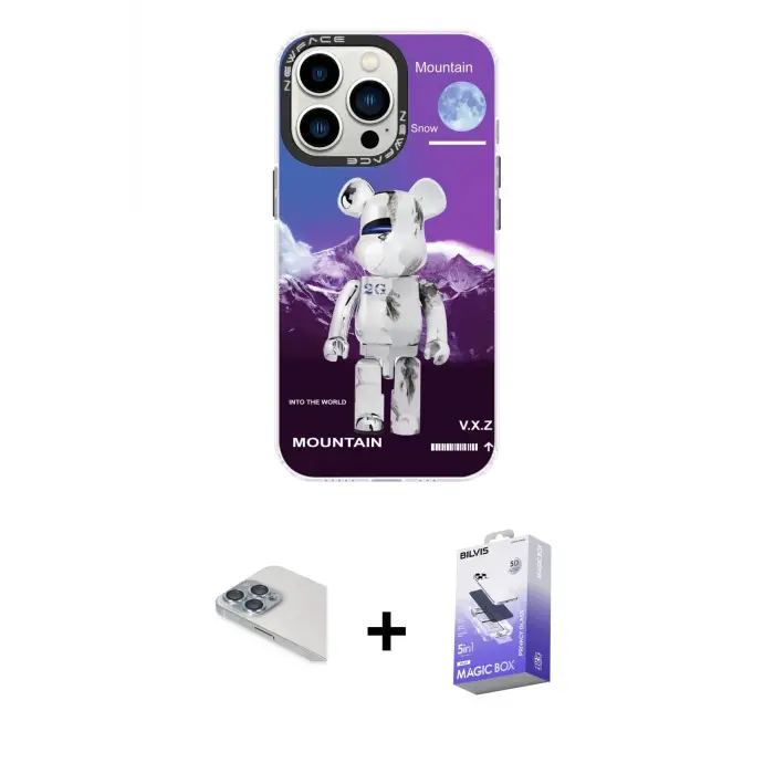 ieg™ iPhone 13 Pro Max Kılıf Siluet Çizgi Koleksiyonu - Siyah Bilvis 5in1 5D Magic Hayalet Cam Ekran Koruyucu + Pers Alüminyum Kamera Lens - SABE