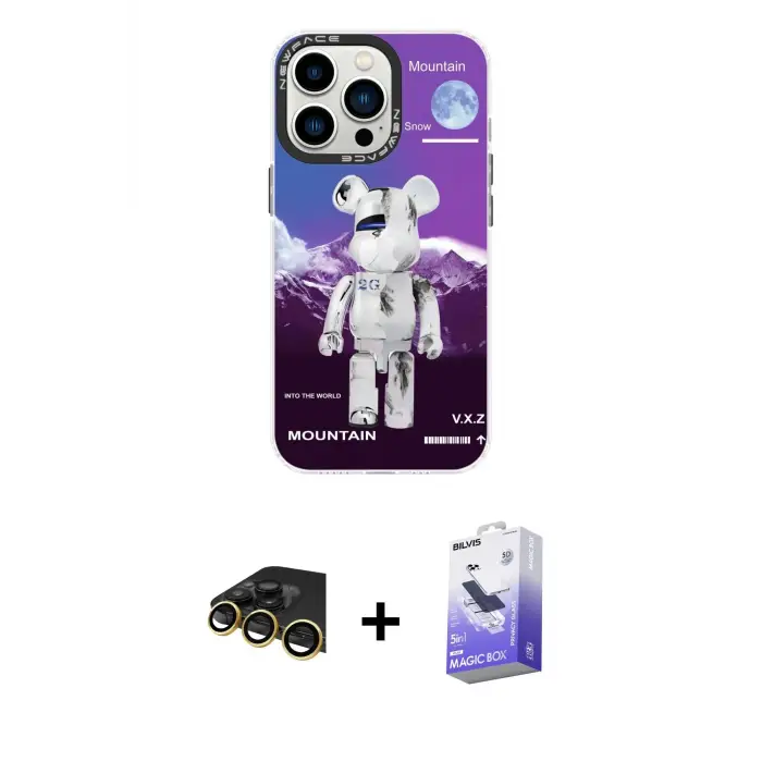 ieg™ iPhone 13 Pro Max Kılıf Siluet Çizgi Koleksiyonu - Siyah Bilvis 5in1 5D Magic Hayalet Cam Ekran Koruyucu + Raze Metal Kamera Lens - GD