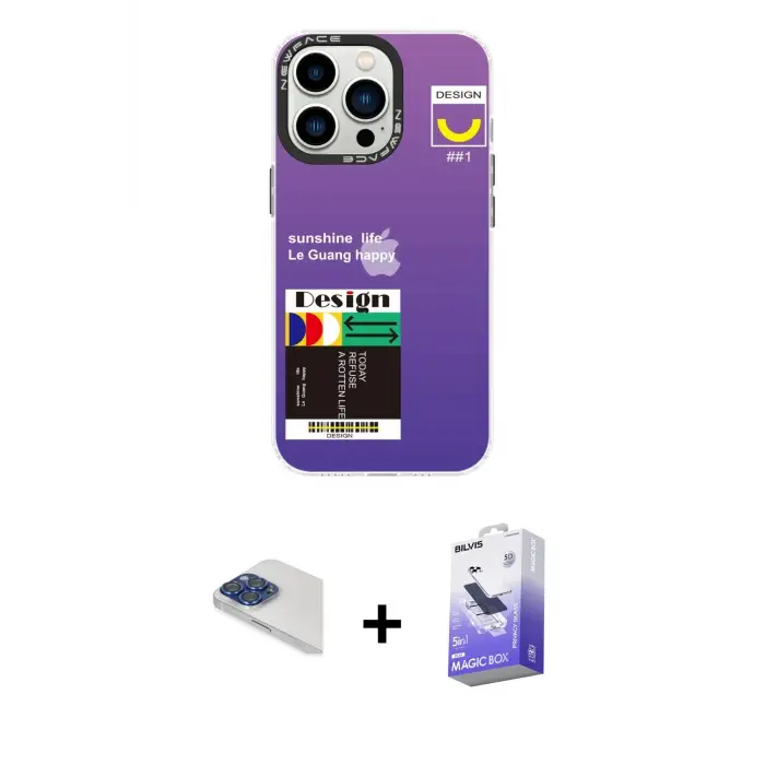 ieg™ iPhone 13 Pro Max Kılıf Siluet Çizgi Koleksiyonu - Siyah Bilvis 5in1 5D Magic Hayalet Cam Ekran Koruyucu + Pers Alüminyum Kamera Lens - LT