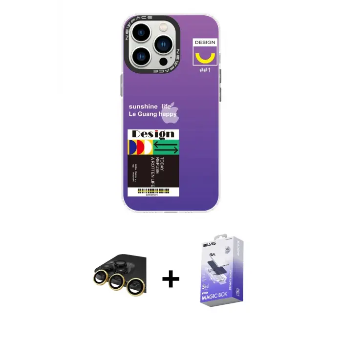 ieg™ iPhone 13 Pro Max Kılıf Siluet Çizgi Koleksiyonu - Siyah Bilvis 5in1 5D Magic Hayalet Cam Ekran Koruyucu + Raze Metal Kamera Lens - GD