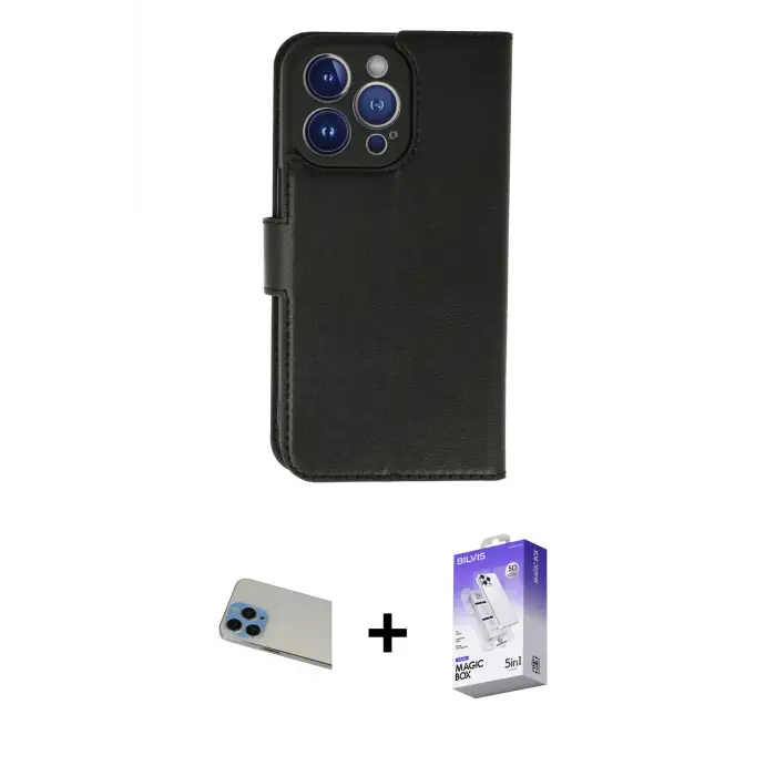 ieg™ iPhone 13 Pro Max Kılıf Siluet Işık Serisi - Siyah Bilvis 5in1 3D Magic Cam Ekran Koruyucu + Rainbow Kamera Lens Koruma Cam - MI