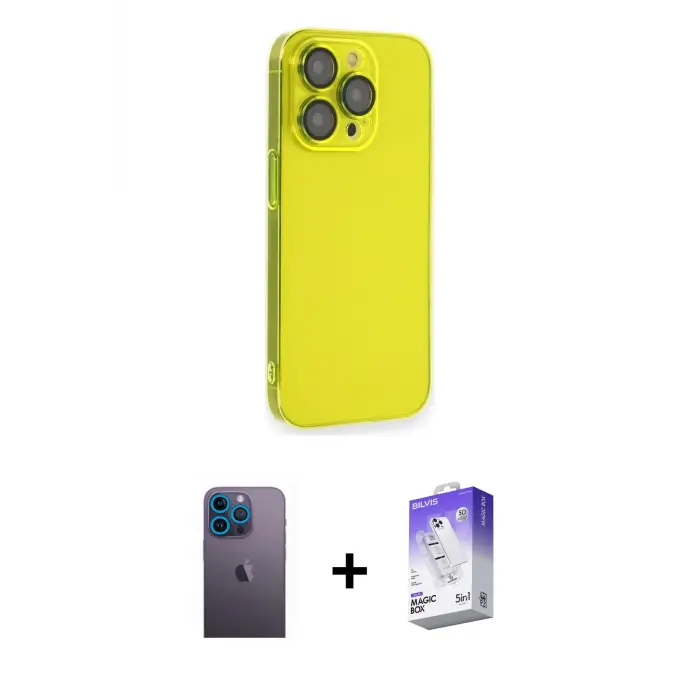 ieg™ iPhone 13 Pro Max Kılıf Siluet Minimal Özel Seri - Siyah Bilvis 5in1 3D Magic Cam Ekran Koruyucu + Neon Fosforlu Kamera Lens - MI