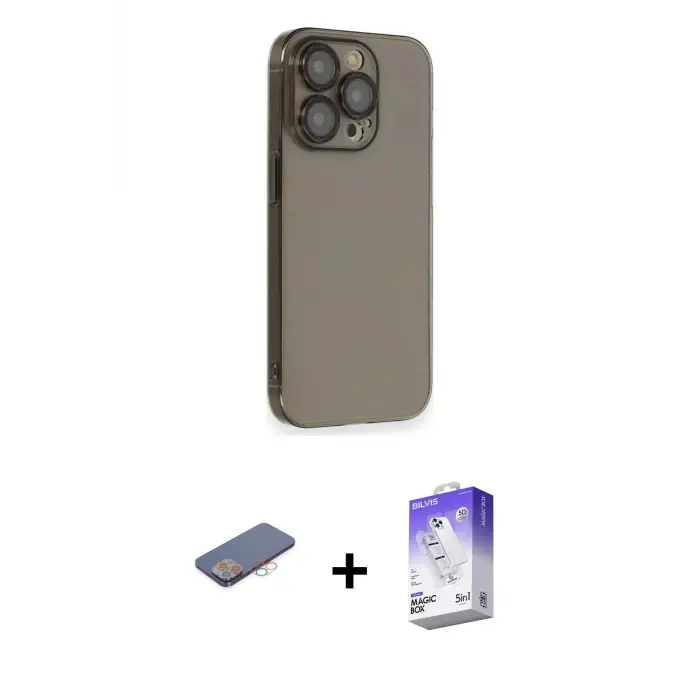 ieg™ iPhone 13 Pro Max Kılıf Siluet Minimal Özel Seri - Siyah Bilvis 5in1 3D Magic Cam Ekran Koruyucu + Renkli Kamera Lens Koruma Cam - PE