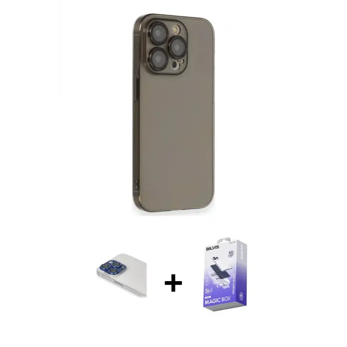 ieg™ iPhone 13 Pro Max Kılıf Siluet Minimal Özel Seri - Siyah Bilvis 5in1 5D Magic Hayalet Cam Ekran Koruyucu + Pers Alüminyum Kamera Lens - LT