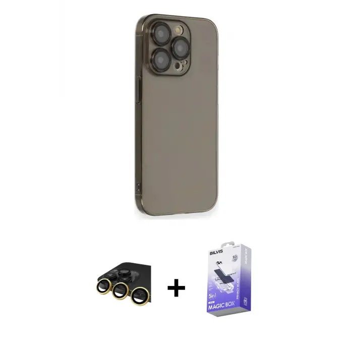 ieg™ iPhone 13 Pro Max Kılıf Siluet Minimal Özel Seri - Siyah Bilvis 5in1 5D Magic Hayalet Cam Ekran Koruyucu + Raze Metal Kamera Lens - GD