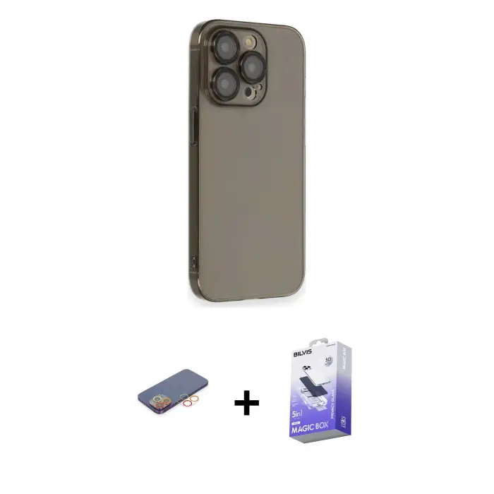 ieg™ iPhone 13 Pro Max Kılıf Siluet Minimal Özel Seri - Siyah Bilvis 5in1 5D Magic Hayalet Cam Ekran Koruyucu + Renkli Kamera Lens Koruma Cam - TU
