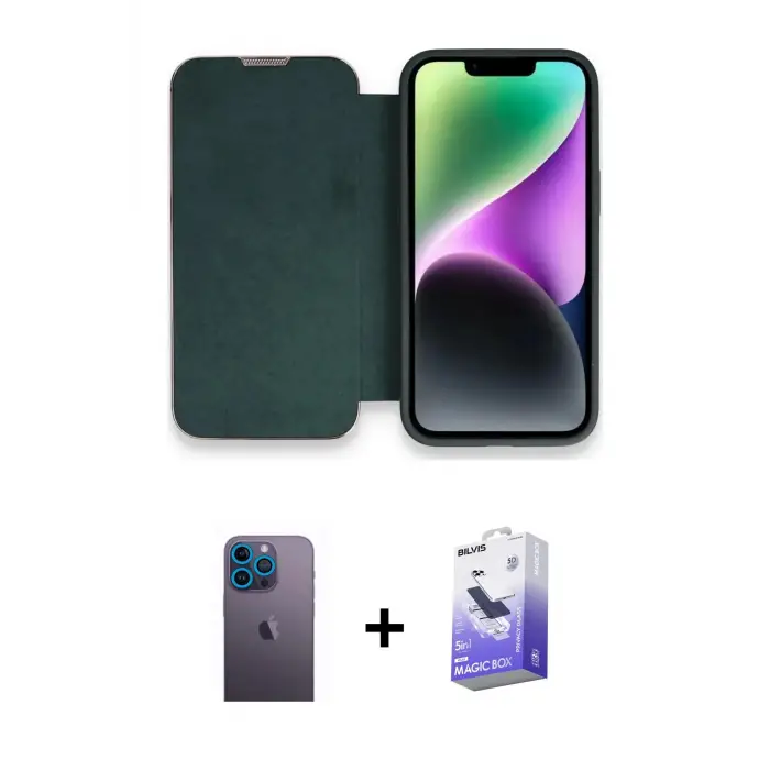 ieg™ iPhone 13 Pro Max Kılıf Siluet Minimal Serisi - Siyah Bilvis 5in1 5D Magic Hayalet Cam Ekran Koruyucu + Neon Fosforlu Kamera Lens - MI