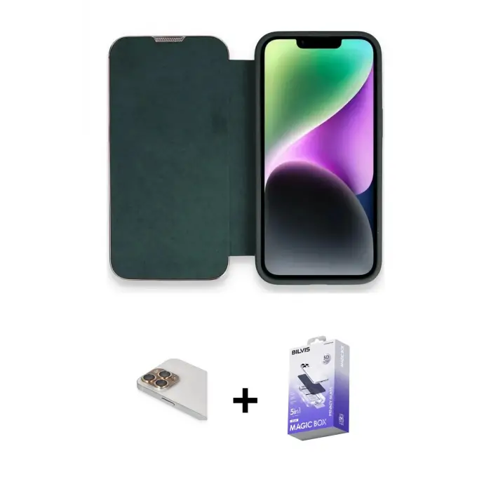 ieg™ iPhone 13 Pro Max Kılıf Siluet Minimal Serisi - Siyah Bilvis 5in1 5D Magic Hayalet Cam Ekran Koruyucu + Pers Alüminyum Kamera Lens - GD