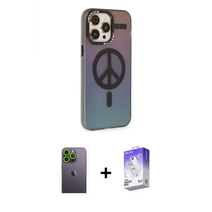 ieg™ iPhone 13 Pro Max Kılıf Siluet Modern Koleksiyonu - Siyah Bilvis 5in1 3D Magic Cam Ekran Koruyucu + Neon Fosforlu Kamera Lens - YL