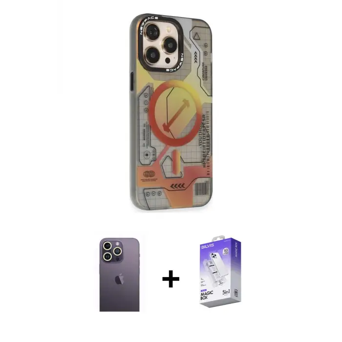 ieg™ iPhone 13 Pro Max Kılıf Siluet Modern Koleksiyonu - Siyah Bilvis 5in1 3D Magic Cam Ekran Koruyucu + Neon Fosforlu Kamera Lens - BZ