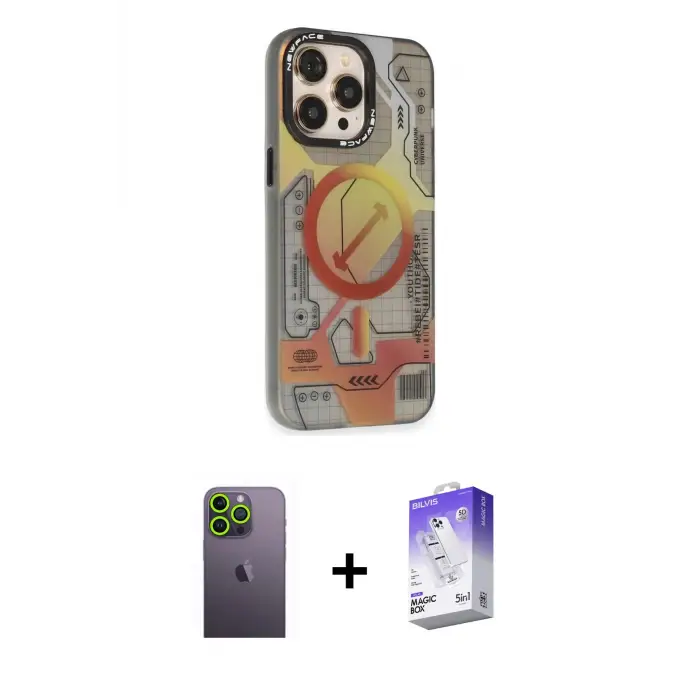 ieg™ iPhone 13 Pro Max Kılıf Siluet Modern Koleksiyonu - Siyah Bilvis 5in1 3D Magic Cam Ekran Koruyucu + Neon Fosforlu Kamera Lens - YL