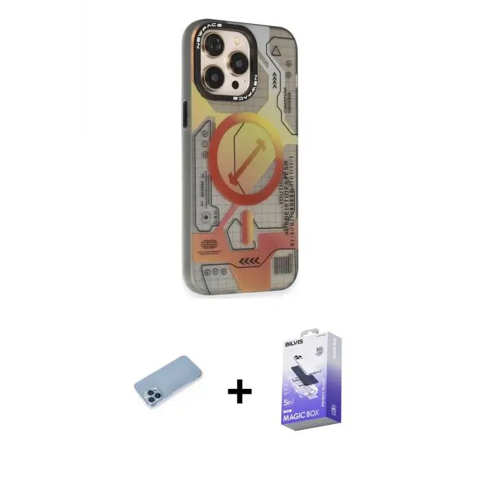 ieg™ iPhone 13 Pro Max Kılıf Siluet Modern Koleksiyonu - Siyah Bilvis 5in1 5D Magic Hayalet Cam Ekran Koruyucu + Shine Kamera Lens Koruma Cam - MI
