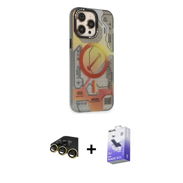 ieg™ iPhone 13 Pro Max Kılıf Siluet Modern Koleksiyonu - Siyah Bilvis 5in1 5D Magic Hayalet Cam Ekran Koruyucu + Raze Metal Kamera Lens - GD
