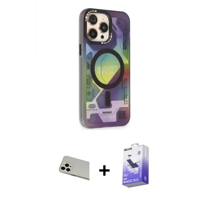 ieg™ iPhone 13 Pro Max Kılıf Siluet Modern Koleksiyonu - Siyah Bilvis 5in1 5D Magic Hayalet Cam Ekran Koruyucu + Rainbow Kamera Lens Koruma Cam - REGD