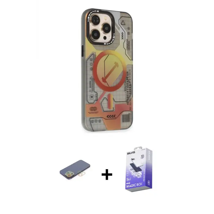 ieg™ iPhone 13 Pro Max Kılıf Siluet Modern Koleksiyonu - Siyah Bilvis 5in1 5D Magic Hayalet Cam Ekran Koruyucu + Renkli Kamera Lens Koruma Cam - SI