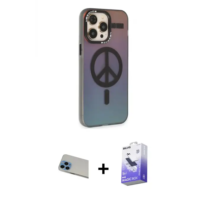 ieg™ iPhone 13 Pro Max Kılıf Siluet Modern Koleksiyonu - Siyah Bilvis 5in1 5D Magic Hayalet Cam Ekran Koruyucu + Rainbow Kamera Lens Koruma Cam - MI