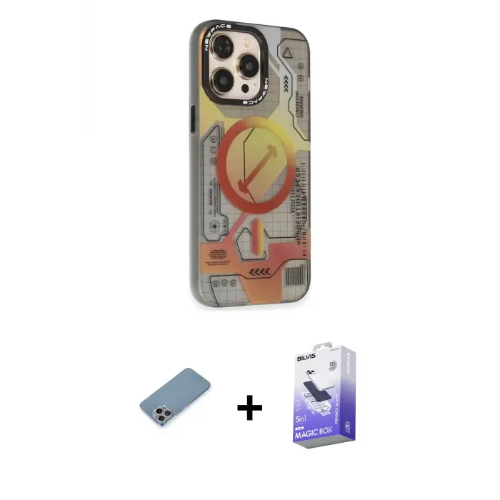 ieg™ iPhone 13 Pro Max Kılıf Siluet Modern Koleksiyonu - Siyah Bilvis 5in1 5D Magic Hayalet Cam Ekran Koruyucu + Shine Kamera Lens Koruma Cam - GI