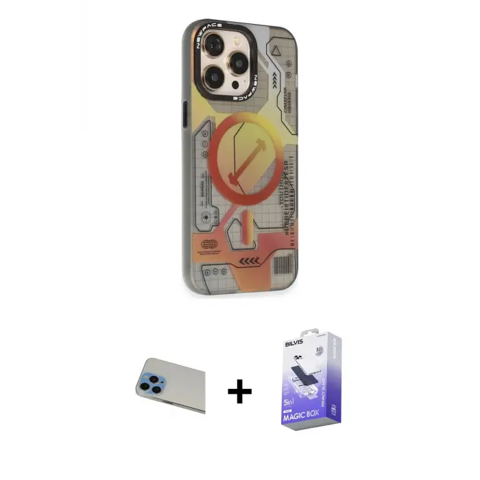 ieg™ iPhone 13 Pro Max Kılıf Siluet Modern Koleksiyonu - Siyah Bilvis 5in1 5D Magic Hayalet Cam Ekran Koruyucu + Rainbow Kamera Lens Koruma Cam - MI