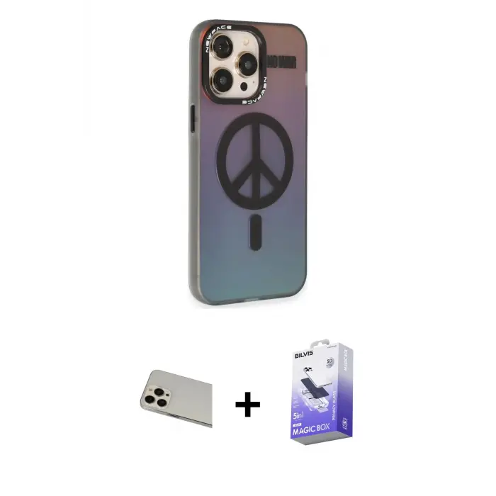 ieg™ iPhone 13 Pro Max Kılıf Siluet Modern Koleksiyonu - Siyah Bilvis 5in1 5D Magic Hayalet Cam Ekran Koruyucu + Rainbow Kamera Lens Koruma Cam - REGD
