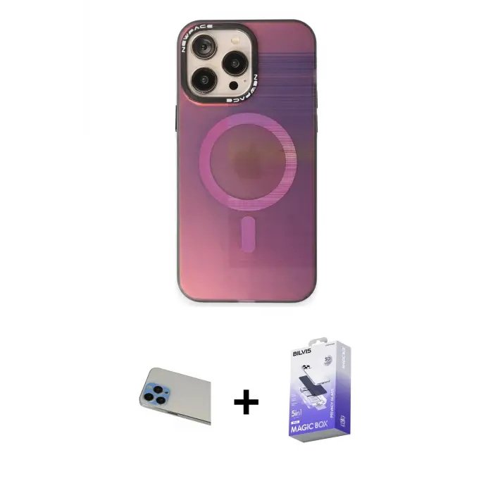 ieg™ iPhone 13 Pro Max Kılıf Siluet Modern Koleksiyonu - Siyah Bilvis 5in1 5D Magic Hayalet Cam Ekran Koruyucu + Rainbow Kamera Lens Koruma Cam - MI