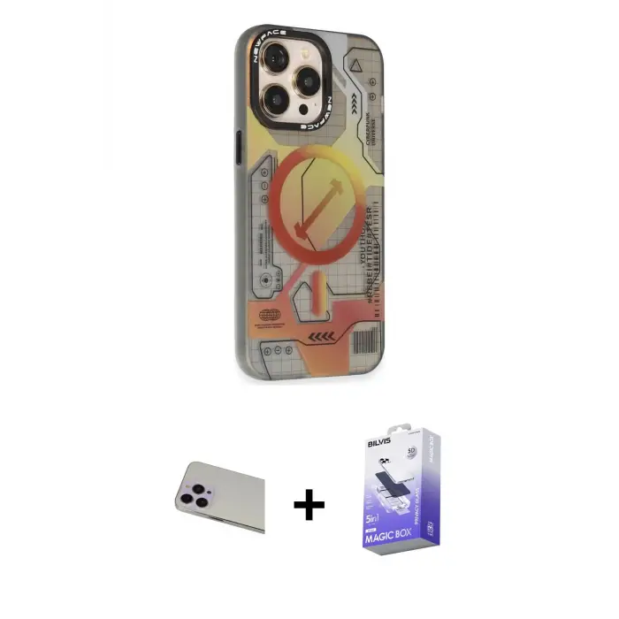 ieg™ iPhone 13 Pro Max Kılıf Siluet Modern Koleksiyonu - Siyah Bilvis 5in1 5D Magic Hayalet Cam Ekran Koruyucu + Rainbow Kamera Lens Koruma Cam - MR