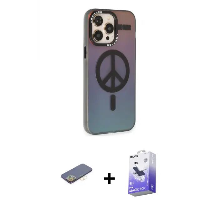 ieg™ iPhone 13 Pro Max Kılıf Siluet Modern Koleksiyonu - Siyah Bilvis 5in1 5D Magic Hayalet Cam Ekran Koruyucu + Renkli Kamera Lens Koruma Cam - SI