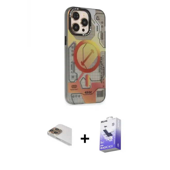 ieg™ iPhone 13 Pro Max Kılıf Siluet Modern Koleksiyonu - Siyah Bilvis 5in1 5D Magic Hayalet Cam Ekran Koruyucu + Pers Alüminyum Kamera Lens - GD