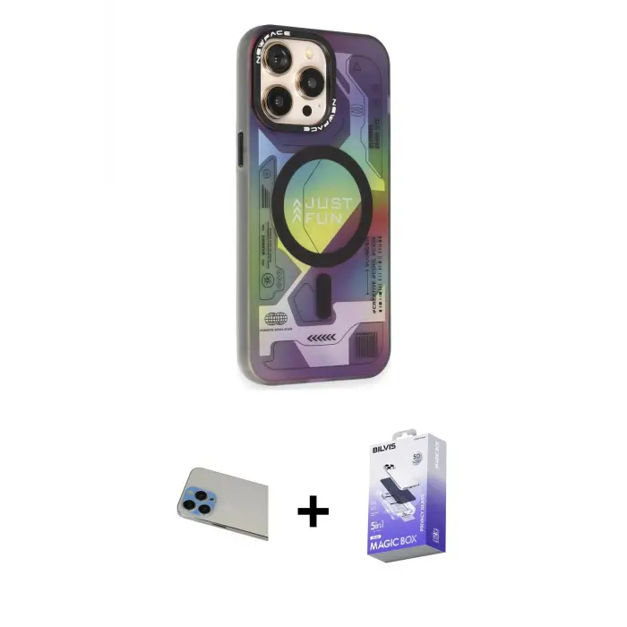 ieg™ iPhone 13 Pro Max Kılıf Siluet Modern Koleksiyonu - Siyah Bilvis 5in1 5D Magic Hayalet Cam Ekran Koruyucu + Rainbow Kamera Lens Koruma Cam - MI